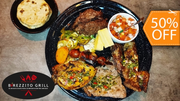 [Imagen:¡Paga $15 en Lugar de $30 por Parrillada para 2 Personas, Incluye: 6 Onz de Lomo de Res + 6 Onz de Filete de Pollo + 6 Onz de Costilla de Cerdo + 4 Chorizos de Tusa + Acompañamientos: Casamiento, Vegetales, Queso + 2 Sodas!]