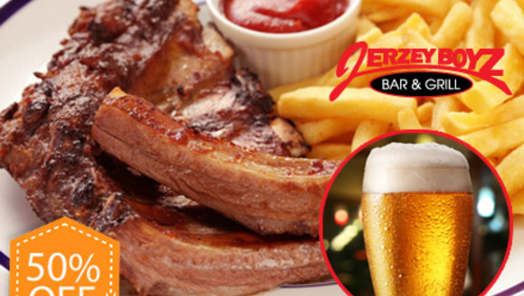 [Imagen:¡Paga $12 en lugar de $24 por 2 órdenes de Baby Back Ribs (1/2 rack) + 2 cervezas nacionales o 2 sodas en Jerzey Boys Bar &amp; Grill!]