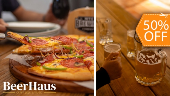 [Imagen:¡Paga $15 en Lugar de $30 por 1 Pichel de 60 Onz de Cerveza Artesanal en BeerHaus + 1 Pizza de 8 Porciones!]