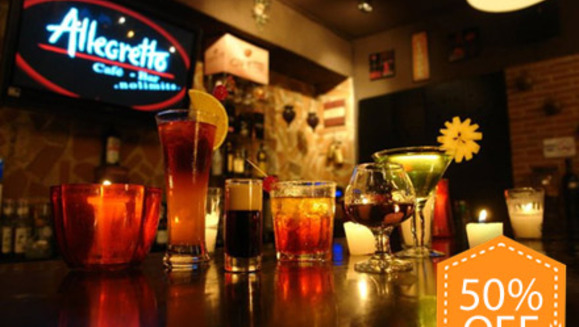 [Imagen:¡Paga Q75 y consume Q150 en todo el menú de botellas, cervezas, bebidas preparadas y entradas en el Bar de Allegretto Café-Bar!]