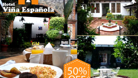 [Imagen:¡Paga Q299 en lugar de Q600 por Estadía de una noche para 2 Personas en Habitación Doble o Suite Junior + 2 Desayunos + Impuestos Incluidos en Hotel Viña Española en Antigua Guatemala!]