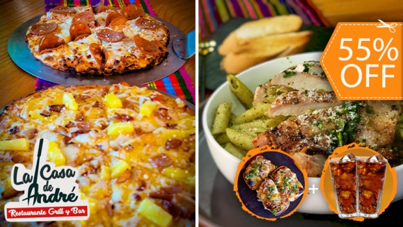 [Imagen:¡Paga $14 en Lugar de $30.90 por 2 Platos de Pastas a Elección (Boloñesa, Pollo, Camarones o al Pesto con Pollo) y/o Pizzas a Elección (Hawaiana o Di Manzano) +  Pan con Ajo + 2 Sodas!]