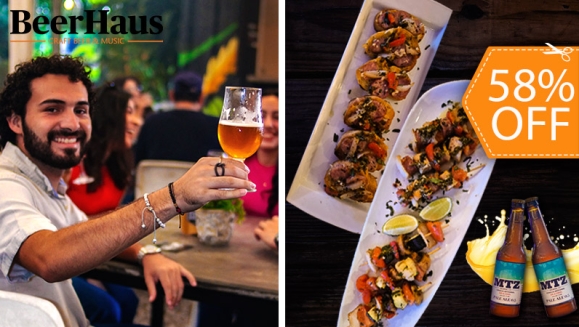 [Imagen:¡Paga $15 en Lugar de $35.75 por  6 Pinchos Mixtos + 1 Orden de Tapas del Chef + 4 Cervezas a Elección en Beerhaus!]