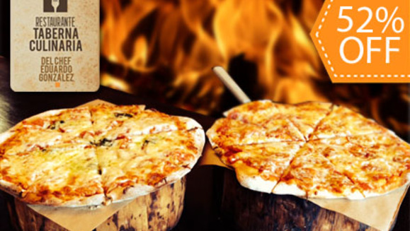 [Imagen:¡Paga Q79 en lugar de Q163 por 1 Pizza Artesanal de 8 porciones (Pepperoni o Margherita ) + 2 Copas de Vino en La Taberna Culinaria!]