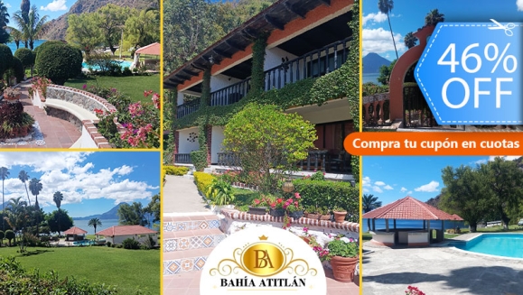 [Imagen:¡Disfruta en Bahía Atitlan! ¡Paga Q350 en Lugar de Q650 por Estadía de 1 Noche Para 2 Personas en Habitación Doble + Uso de Piscina, Vista al Lago y Volcanes, Acceso a Playa Privada y Área Verde + Impuestos Incluidos!]