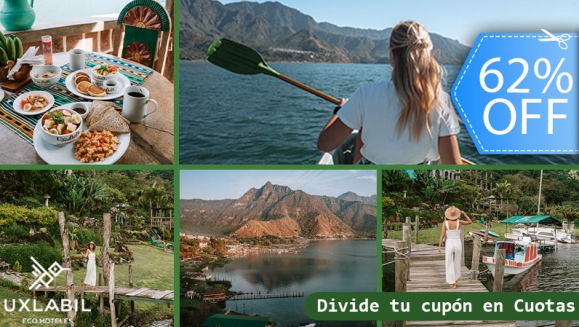 [Imagen:¡Paga Q499 en Lugar de Q1,320 por Day Pass para 2 en Hotel Uxlabil que Incluye: 2 Desayunos + 2 Almuerzos + Jacuzzi + Sauna + Uso Ilimitado de Kayaks!]
