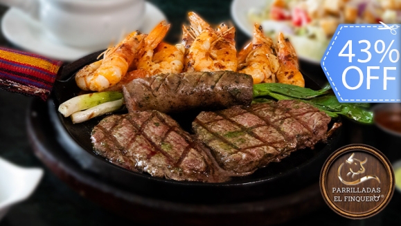 [Imagen:¡Paga Q235 en Lugar de Q412 por Parrillada Mar y Tierra Para 2 Que Incluye: Lomito + Camarones A La Plancha, Al Ajillo o Empanizados + Chorizo + 1 Litro de Bebida + Guarniciones + Postre de Crepa de Nutella, Fresa y Banano + Café!]