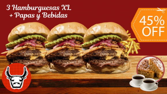 [Imagen:¡Paga $23.90 en Lugar de $43.75 por 3 Hamburguesas XL + 3 Papas + 3 Sodas + 2 Porciones de Budín + 2 Cafés Americanos!]