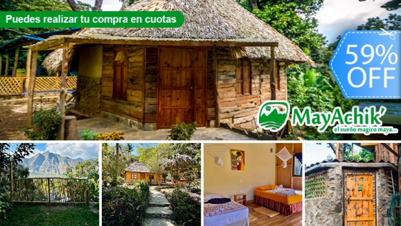 [Imagen:¡Paga Q599 en lugar de Q1,467 por Estadía de 2 Noches y 3 Días para 2 Personas en Habitación Temática o Bungalow + Uso de Sauna + Tour de Textiles + Parqueo + Impuestos!]