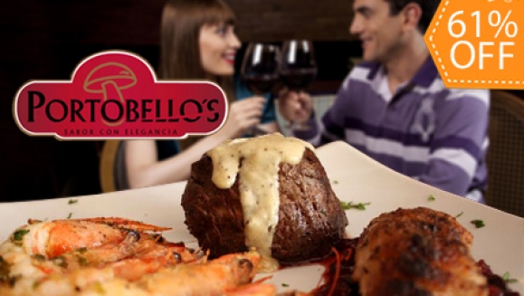 [Imagen:¡Paga Q179 en lugar de Q459 por Exquisito Plato Aire, Mar y Tierra para 2 personas que incluye: Lomito, Camarón y Pato o Pollo + 2 Acompañamientos + 2 Copas de Vino en Restaurante Portobello's!]