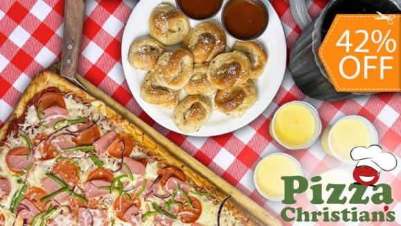 [Imagen:¡Pizza Grande para Todos! ¡Paga $19 en Lugar de $32.73 por Banquete para 4 que Incluye: 1 Pizza de 16 Porciones “Especialidad Christian” (Queso, Jamón, Pepperoni y Vegetales) + 12 Nuditos + 1 Pichel de Soda + 4 Flanes!]