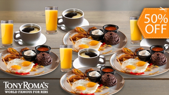 [Imagen:¡Empieza tu Día en Tony Roma’s! ¡Paga $19.95 en Lugar de $39.80 por 4 Desayunos Típicos + 4 Naranjadas de 8 Oz + 4 Cafés Americanos con Refill!]