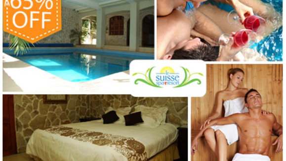 [Imagen:¡Paga Q599 en vez de Q1700 por Estadía para 2 personas + Botella de Vino + Día de Spa (Uso Ilimitado de Sauna, Jacuzzi, Hidroterapia, 2 Masajes Hawaianos, 2 Mascarillas Faciales de Arcilla, 2 Tonificadores Florales y 2 Té Relajante) en Le Suisse Spa!]
