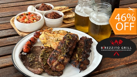 [Imagen:¡Para Saborear Juntos! ¡Paga $20 en Vez de $36.99 por Parrillada para 2-3 Personas que Incluye: 1 Lb de Pollo + 12 Oz de Carne de Res + 12 Oz de Costilla de Cerdo + 4 Chorizos de Tuza + 2 Bebidas a Elección + 4 Acompañamientos!]