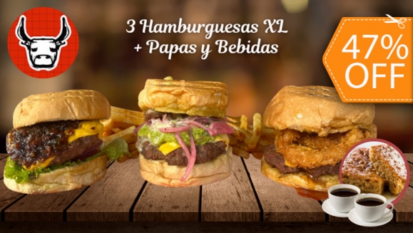 [Imagen:¡Paga $23 en Lugar de $43.75 por 3 Hamburguesas XL + 3 Papas + 3 Sodas + 2 Porciones de Budín + 2 Cafés Americanos!]