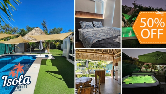 [Imagen:¡Disfruta la Playa en Isola Beach House, Costa del Sol! ¡Paga $125 en Lugar de $250 por Estadía de 1 Noche Para Hasta 9 Personas en Casa Totalmente Equipada, Disponible Solo de Lunes a Viernes!]