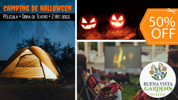 [Imagen:¡Camping de Halloween (1 Noviembre)! ¡Paga $35 en Lugar de $70 por Camping al Aire Libre para 2 que Incluye: 2 Entradas al Ecoparque + 1 Tienda de Campaña + 2 Colchonetas + Película + Show de Terror + 2 Hot Dogs + Fogata y Más! ¡Solo 23 Disponibles!]