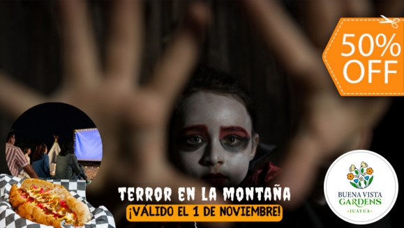 [Imagen:¡Halloween en Las Montañas (1 de Noviembre)! ¡Paga $15 en Lugar de $30 por 2 Pases del Día para Show de Terror en Buena Vista Gardens con: Película, Baile, Actuación y 2 Hot Dogs! ¡Solo 78 Cupones Disponibles!]