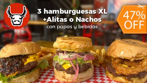 [Imagen:¡Paga $23 en Lugar de $43.75 por 3 Hamburguesas XL + 3 Papas + 3 Sodas +  10 Alitas con Papas o Nachos Grandes + 2 Cafés Americanos!]