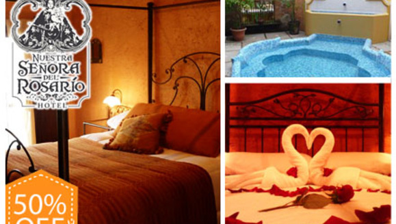 [Imagen:¡Paga Q480 en vez de Q950 por Estadía para 2 personas con impuestos incluidos en Jr. Suite + 2 Desayunos + Uso de jacuzzi e instalaciones en Hotel Nuestra Señora del Rosario, Antigua Guatemala!]