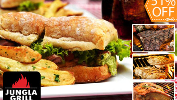 [Imagen:¡Paga Q48 en vez de Q97 por Delicioso Combo de Sándwich que incluye: Sándwich de Carne Premium a la Parrilla a elección + Papas Fritas o Ensalada + Bebida Natural a Elección en La Jungla Grill!]