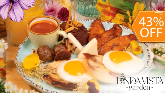 [Imagen:¡Linda Vista Garden: Desayunos para 2! ¡Paga $12 en Vez de $20.90 por 2 Desayunos Típicos que Incluyen: 2 Huevos al Gusto, 2 Chorizos de Tusa, 2 Mini Pupusas, 2 Panes de Bollo, Frijoles Refritos,  Plátanos y Queso + 2 Cafés + 2 Jugos de Naranja!]