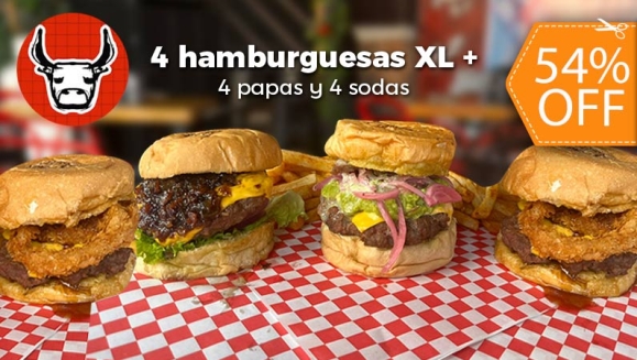 [Imagen:¡Paga $25 en Lugar de $54 por 4 Hamburguesas XL + 4 Papas + 4 Sodas!]
