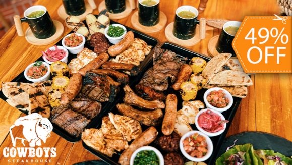 [Imagen:¡Paga $49 en Lugar de $95.95 por Parrillada Hasta para 6 con: 1 Lb de Carne de Res + 1 Lb de Pollo + 1 Lb de Costilla + 6 Chorizos + 6 Medias Papas + 6 Medios Elotes + Acompañamientos: Casamiento, Chirmol, Cebolla Curtida, Tortillas y Más!]