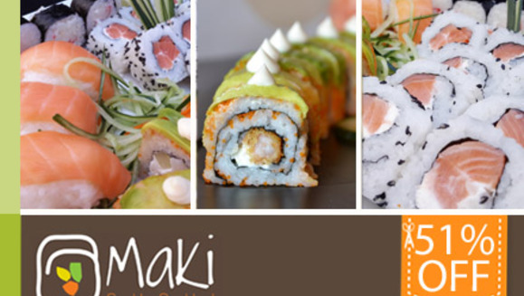 [Imagen:¡Paga $14 en lugar de $28.50 por Combinado Lover de Sushi que incluye: 1 Ebi Dragon Roll + 1 Philadelphia Roll + 1 Maki de Pepino + 1 Maki de Cangrejo + 3 Niguiris de Salmón + 1 Jarra de Té Helado, Soda o Cerveza Nacional en Maki Sushi!]