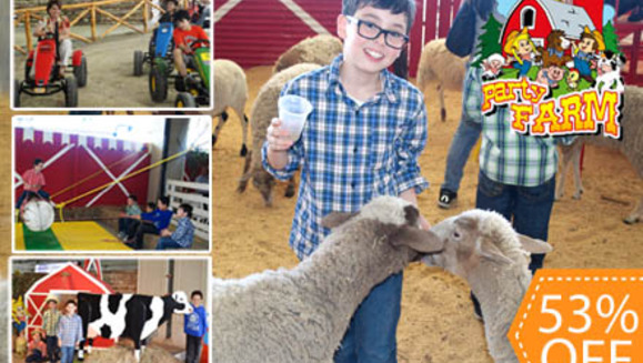 [Imagen:¡Paga Q45 en vez de Q95 por ingreso de 1 adulto y Juegos Ilimitados para 1 niño para: Petting ZOO + Paseo en Caballo + Go Tractors + Camas Elásticas + Footios + Arenero + Toro Manual + Rueda Chicago + Inflable Temático en Party Farm en Miraflores!]