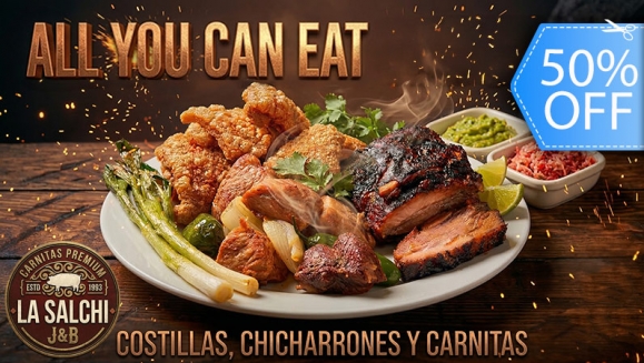 [Imagen:¡Fin de Semana de All You Can Eat! ¡Paga Q150 en Lugar de Q300 por Buffet de Exquisitas Delicias Para 1 Persona, Incluye: Chicharrones, Carnitas, Costillas, Chiles Rellenos, Tacos, Acompañamientos y Postres!]