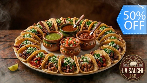 [Imagen:¡Paga Q199 en Lugar de Q400 por 25 Tacos de Cerdo o de Pollo + 4 Oz de Chicharrones + Acompañamientos que Incluyen: Cebolla, Cilantro, Salsa de Aguacate, Salsa Roja, Picante y Limón!]