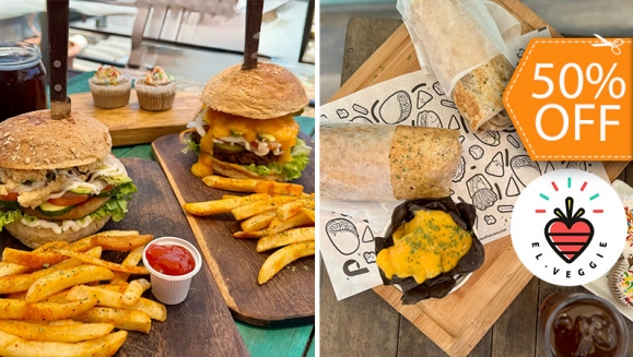 [Imagen:¡Paga $11 en Lugar de $21.98 por 2 Burritos Veganos o 2 Hamburguesas Veganas a Elección: Burger de la Casa, Falafel o Pumpkin + 2 Órdenes de Papas Fritas + 2 Tés Helados + 2 Cupcakes!]