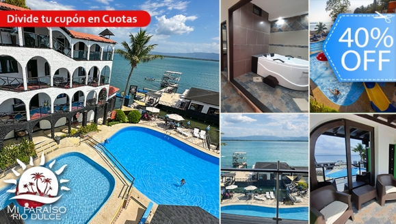 [Imagen:¡Paga Q1,500 en Lugar de Q2,500 por Estadía de 3 Días y 2 Noches Para 2 Personas en Río Dulce: Habitación Suite Junior con A/C + 2 Desayunos + Jacuzzi Privado + Piscinas + Balcón con Vista Panorámica + Ingreso a Museo y Más!]