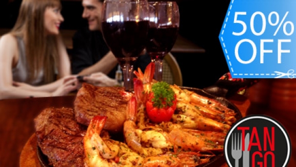 [Imagen:¡Paga Q125 en lugar de Q250 por Plato Mar y Tierra para 2 personas + 2 Copas de Vino + Banana Tempura en Tango Steak House!]