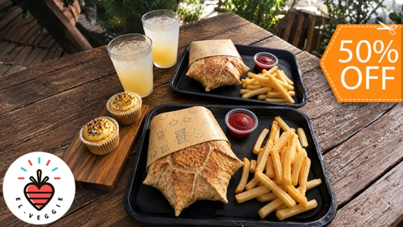 [Imagen:¡Una Delicia Vegana que Debes Probar! ¡Paga $11 en Lugar de $22 por 2 Star Wraps Veganos + 2 Ordenes de Papas + 2 Limonadas + 2 Cupcakes!]