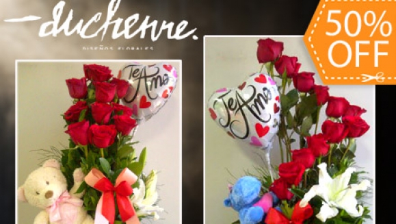 [Imagen:¡Paga $25 en vez de $50 por Arreglo Floral de Lirios y Rosas que incluye: 1 Docena de Rosas + 1 Lirio + 1 Peluche + 1 Globo en Duchenne Diseños Florales!]