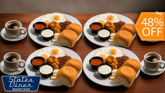 [Imagen:¡El Antojo Salvadoreño No Tiene Horario! ¡Paga $12 en Lugar de $23 por 4 Desayunos Típicos + 4 Cafés con Refill! ¡Disponibles Todo el Día!]