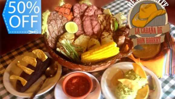 [Imagen:¡Paga Q135 en lugar de Q270 por Parrillada para 2 personas que incluye lomito, puyaso, adobado, pollo, chorizos y longaniza + Entrada + Acompañamiento + 2 Bebidas en La Cabaña de Don Robert!]