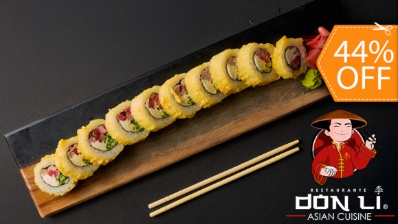 [Imagen:¡Deleite Asiático en Don Li! ¡Paga $20 en Lugar de $35.45 Por Menú para 2 con: 2 Sushi Rolls a Elección entre California, Crunchy, Boneless, Crunchy Crab, Honolulu o Char Siu Roll + Orden de Wantán de Pollo + Postre + Pichel de Té Helado!]