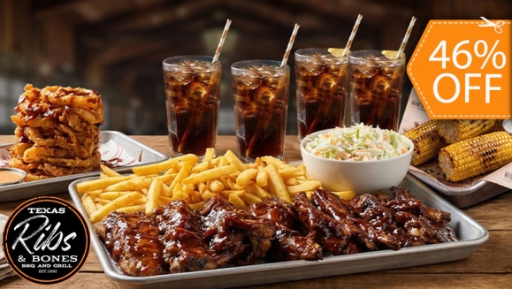 [Imagen:¡Banquete Familiar en Ribs &amp; Bones! ¡Paga $42.95 en Lugar de $79.73 Por 4 Libras de Riblets + Acompañamientos: Ensalada de Col, Papas Fritas, Maíz Dulce y Aros de Cebolla + 4 Sodas o Tés de Limón!]