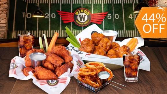[Imagen:¡Flying Wings Para 2! ¡Paga $15.99 en Lugar de $28.45 Por 7 Alitas + 7 Boneless + Beer Onion Rings + 2 Bebidas a Elección, entre: Soda, Té o Limonada!]
