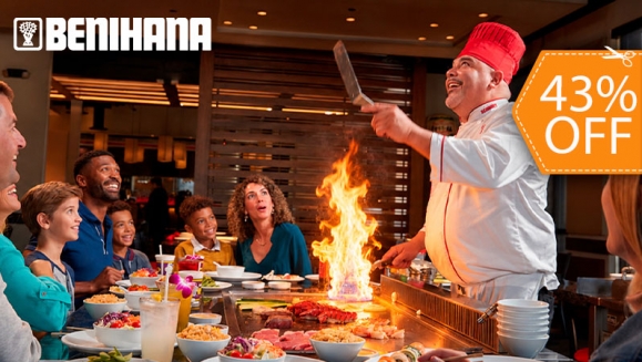 [Imagen:¡Experiencia Deliciosa en Benihana! ¡Paga $39.95 en Lugar de $69.60 por Menú Teppanyaki para 4 Personas con: Hibachi Chicken, Teriyaki Chicken, Chicken Yakisoba y Shrimp Yakisoba + 4 Órdenes de Arroz Frito + 4 Sopas + 4 Ensaladas!]