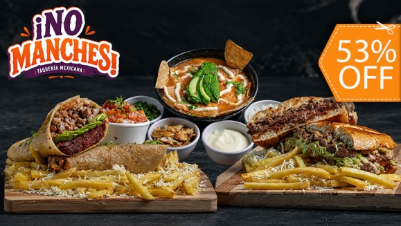 [Imagen:¡No Manches, Qué Rico! ¡Paga $12 en Lugar de $25.47 y Disfruta Un Combo Para 2: Escoge entre Burritos o Tortas con Carne a Elección + Papas + Entrada a Elección: Nachos, Esquite o Sopa de Tortilla!]