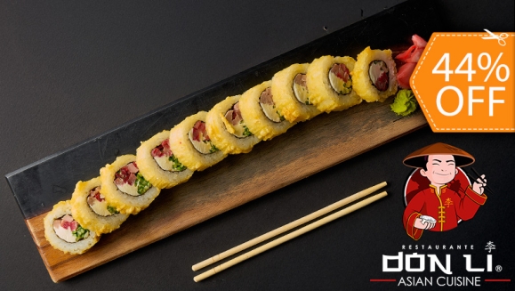 [Imagen:¡El Plan se Enrolla Mejor con Don Li! ¡Paga $20 en Lugar de $35.45 Por Menú para 2 con: 2 Sushi Rolls a Elección entre California, Crunchy, Boneless, Crunchy Crab, Honolulu o Char Siu Roll + Orden de Wantán de Pollo + Postre + Pichel de Té Helado!]