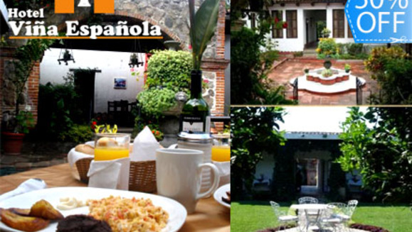 [Imagen:¡Paga Q299 en vez de Q600 por Estadía de una noche para 2 Personas en Habitación Doble o Suite Junior + 2 Desayunos + Impuestos Incluidos en Hotel Viña Española en Antigua Guatemala!]