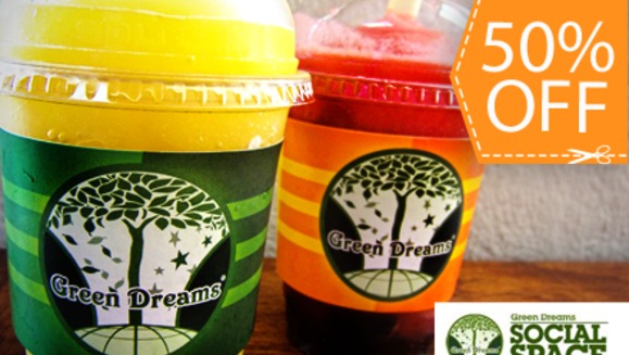 [Imagen:¡Paga $7 y consume $14 en todas las deliciosas y naturales bebidas de Green Dreams Social Space!]