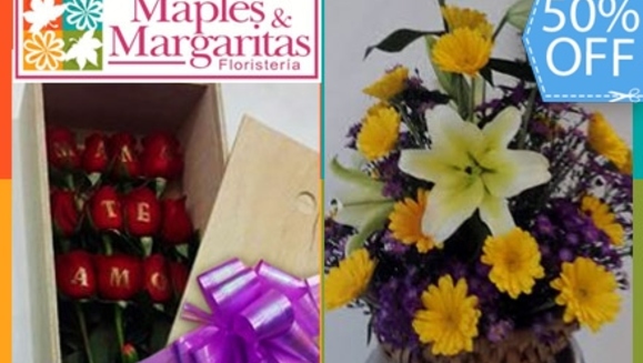 [Imagen:¡Paga Q199 en lugar de Q400 por Arreglo Floral a Elección entre: Cesto Impactante de 2 Docenas de Rosas ó Caja Rústica de 1 Docena de Rosas +  Frase Impresa en Rosas en Maples y Margaritas!]