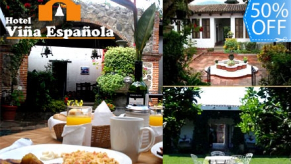 [Imagen:¡Paga Q299 en lugar de Q600 por Estadía de una noche para 2 Personas en Habitación Doble o Suite Junior + 2 Desayunos + Impuestos Incluidos en Hotel Viña Española en Antigua Guatemala!]