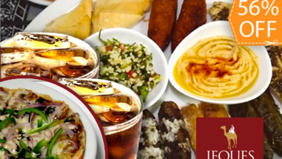 [Imagen:¡Paga $15 en vez de $34 por 1/2 Bandeja Jeques: 1 pizza turca +guiso de garbanzos y cordero +2 rellenos de hoja de uva +2 rellenos de repollo +2 kibbeh +2 kebbab de cordero +2 sambuses +hummus +2 Té Helados en Jeques Express!]